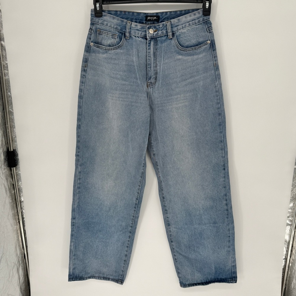 Nasty Gal Dru Long Wide Leg Jeans Light Blue Denim Size 14